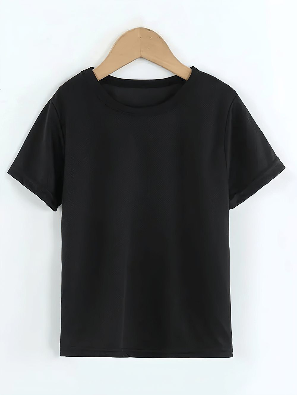 Round neck black mesh t-shirt for sports and casual wear, breathable fabric, unisex, shown on hanger, perfect for active lifestyles SF3120